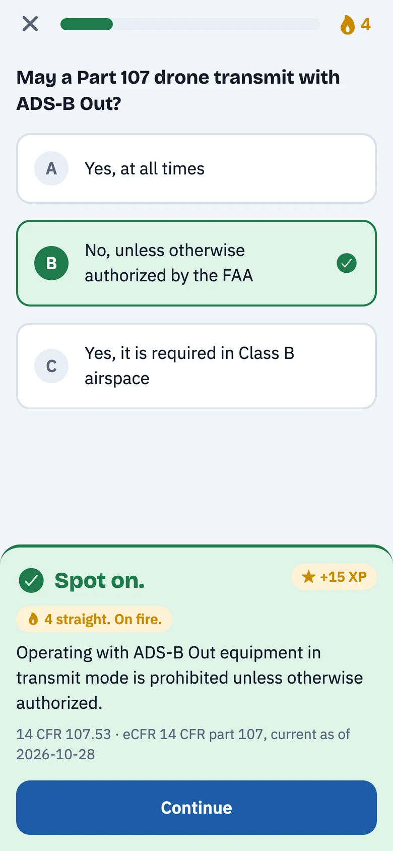 Hovertest answer feedback with explanation and 14 CFR reference